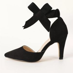 Women Bow Decor Point Toe Ankle Strap Black Stiletto Pumps